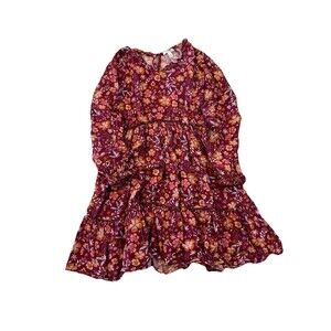 Tahari Girl Size 8 Burgundy Floral Tiered Ruffle Dress Long Sleeve Boho Girls